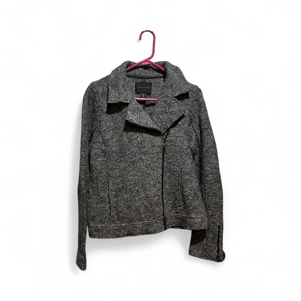 Tahari Asymmetrical Zip Jacket Gray Small Moto Long Sleeve Women Coat Classic